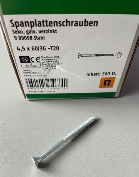 500 Stück Spanplattenschrauben Seko, galv. verzinkt 4,5 x 60/36 -T20 , Spax, 89098.014.0045.060 (VPE: 500 Stück)